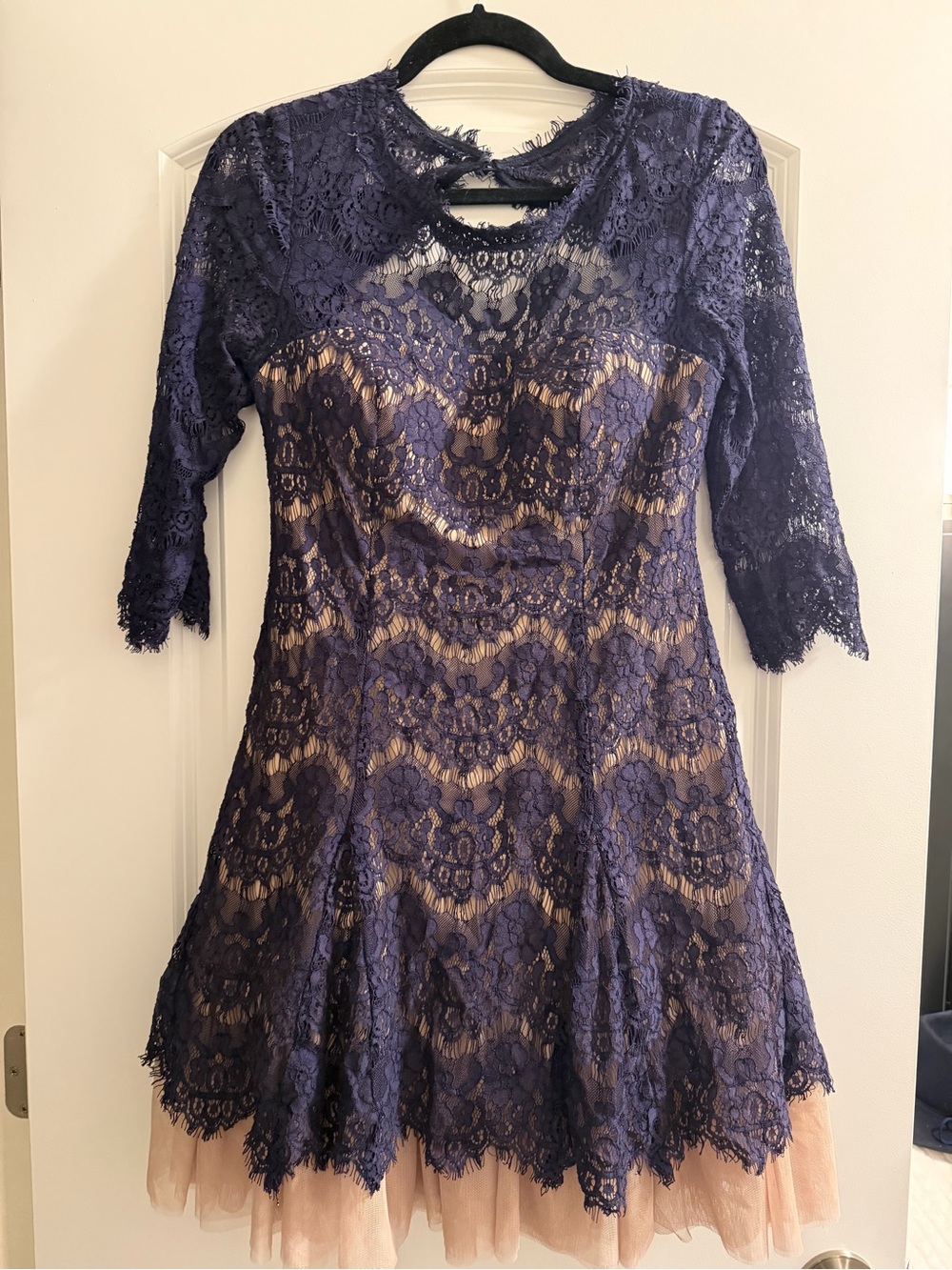 Betsy & Adam Lace Dress Navy Nude Illusion Fit & Flare Cocktail Size 8